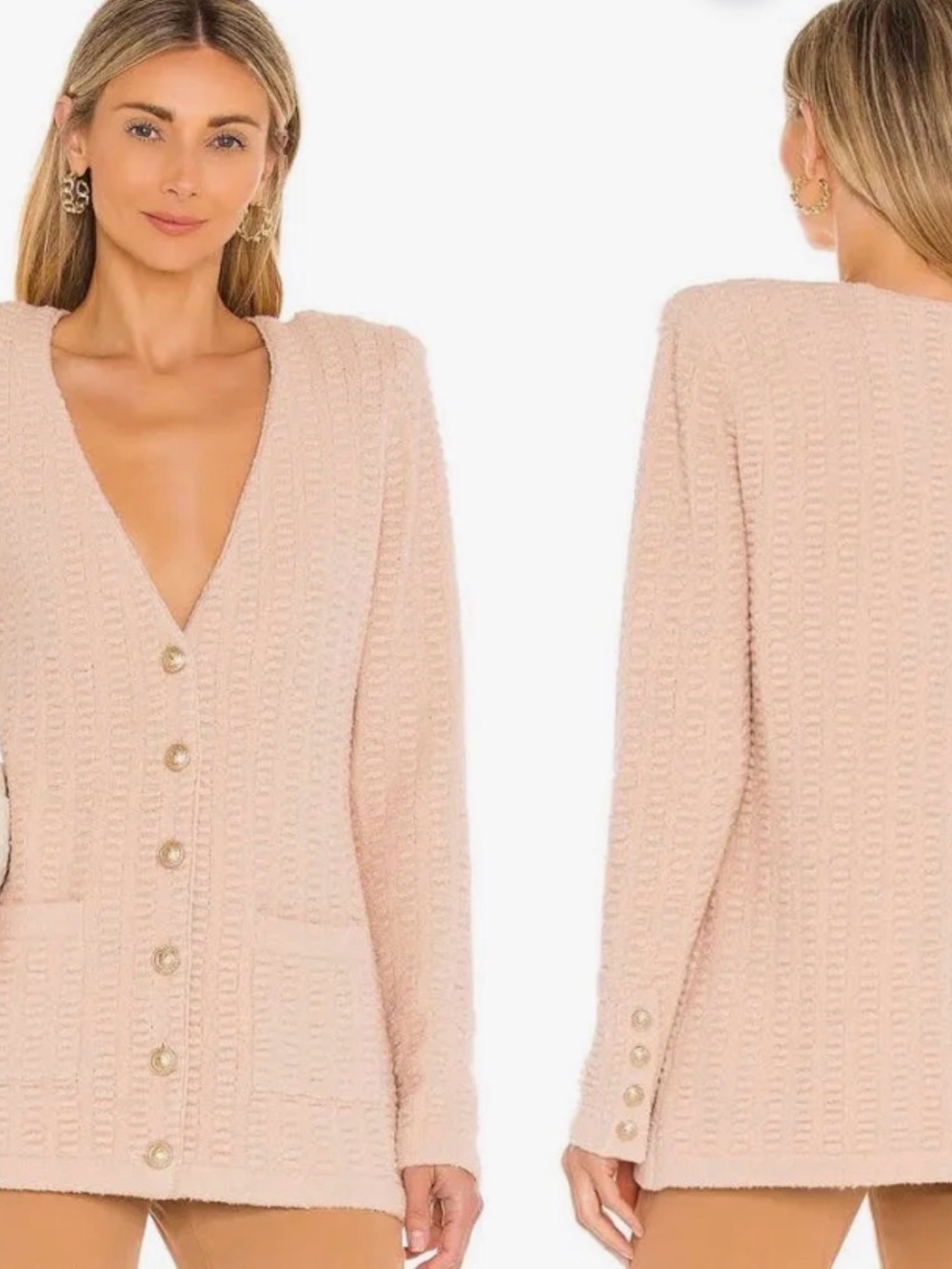 L'AGENCE Sue Textured Knit Cardigan Pink Petal, Gold Button Longline Size M